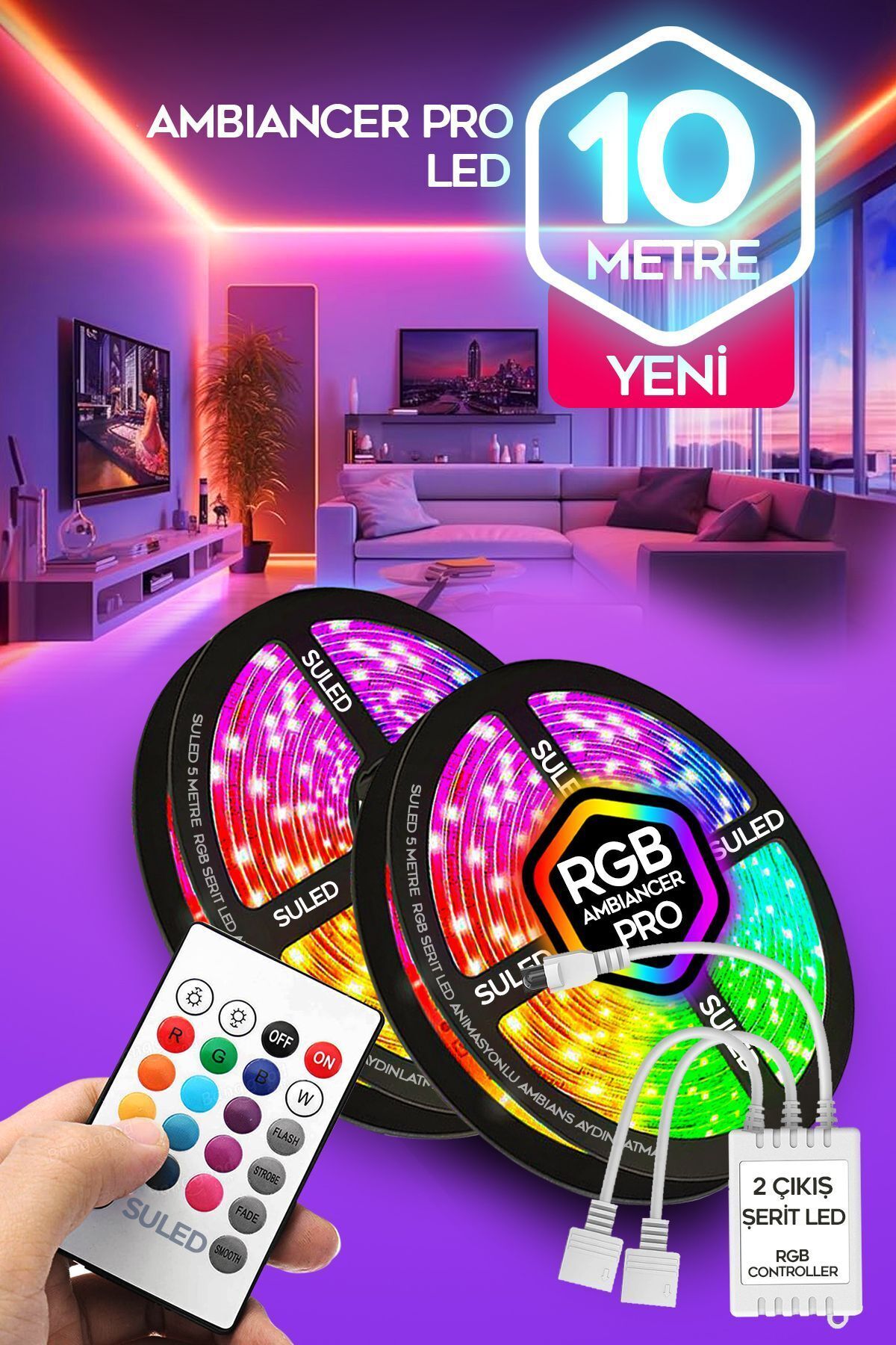 10 Metre Şerit Led 16 Mod Ambiyans Ortam Işığı Tak Çalıştır Kumandalı Trafolu Rgb Şerit Işık