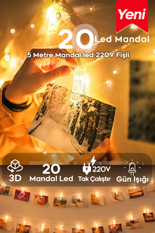 5 Metre 20 Led Mandal Işık 220V Fişli Dekoratif Oda Fotoğraf Not Süsleme Işığı