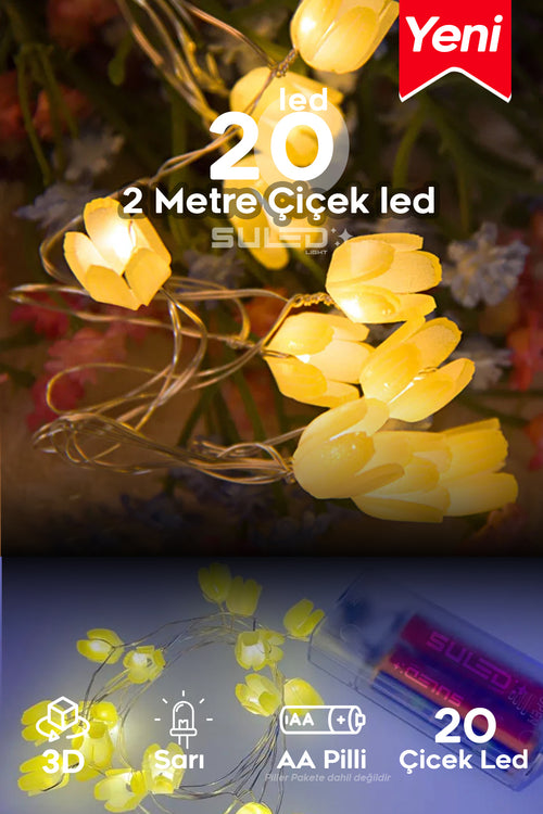 Pilli 20 LED Sarı Çiçek Dekoratif Işık 2 Metre Gün Işığı İç Mekan Süsleme Led Aydınlatma Ortam Işığı