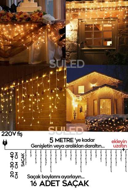 Sarkıt Led Işık 5 Metre Premium Efekt Modlu Power Led 16 Saçak İç & Dış Süsleme 220v Fişli