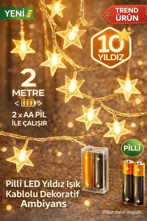 2 Metre Pilli Potart 10 Yıldızlı Dekoratif Led Işık Pilli Gün Işığı Süsleme Parti Ambiyans.