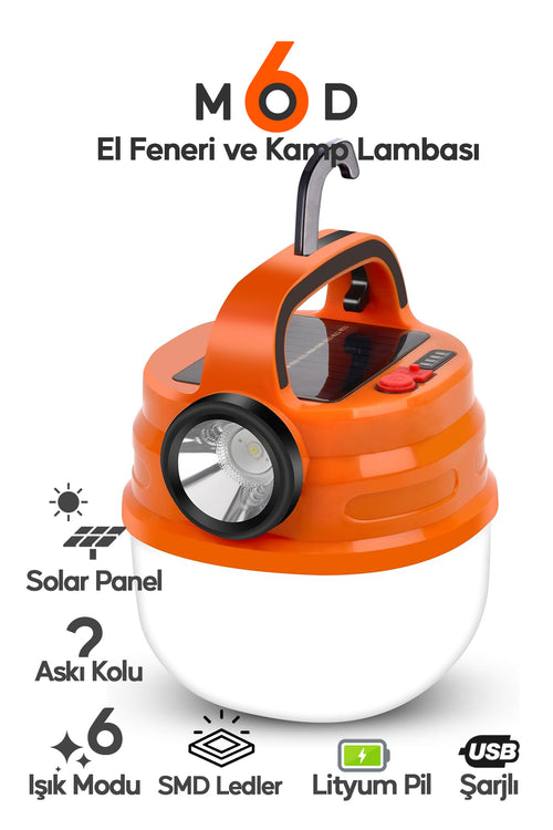 6 Modlu El Feneri ve Kamp Lambası USB & Solar Şarjlı SMD Led Askılı Taşınabilir Işık