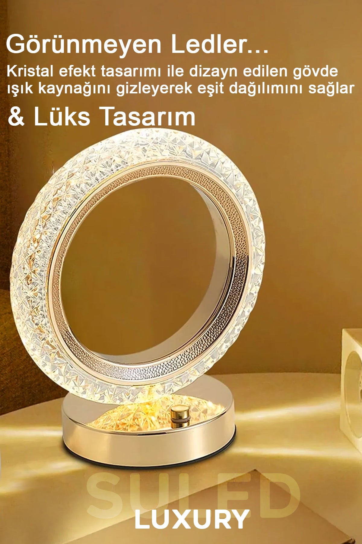 Crystall Akustik Masa Lambası 3 Modlu USB Şarjlı Oval Dekoratif Şık Masa Lambası Kristal Efekt