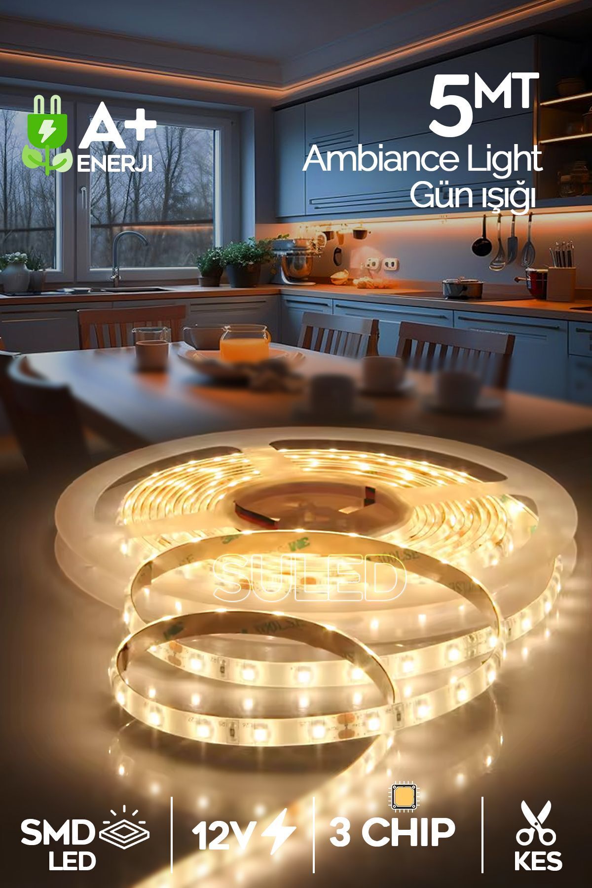Şerit Led 5 Metre Beyaz Işık 3 Çipli Pro Ambiyans Aydınlatma Mutfak Salon Yatak Odası Led Işık