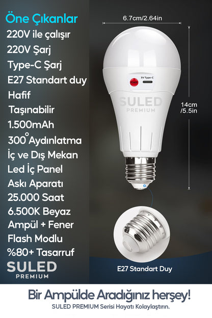 Şarjlı Ampül 15W Beyaz Işık Tavan Kamp Işığı Acil Durum El Feneri Type-C 220V Şarjlı Beyaz E27 Duy