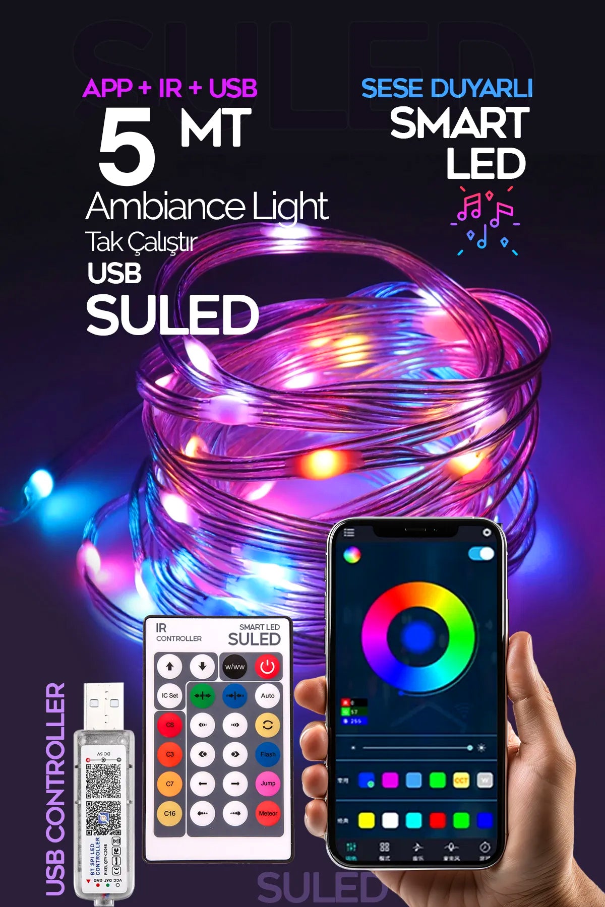 Smart Şerit Led Yeni Nesil 5 Metre Bluetooth TV Sese Duyarlı USB Enerjili Telefon Kontrollü Efektli