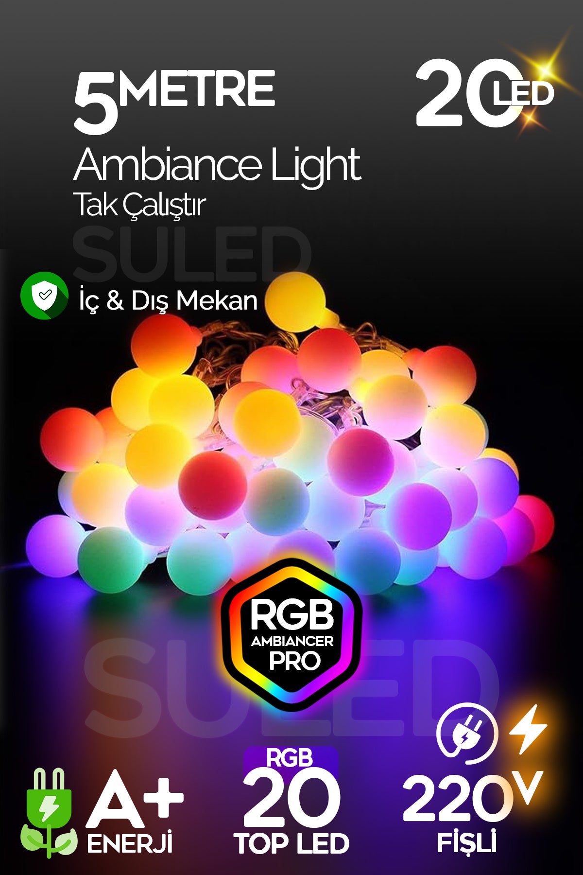 Rgb 5 Metre Topled 20 Led 220v Fişli Tak Çalıştır Dekoratif Iç Ve Dış Mekan Aydınlatma Süsleme Işığı