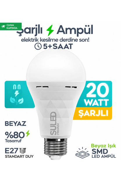 Şarjlı Ampül 20w Acil Durum & Kamp Işığı 220v Beyaz Işık E27 Duy Otomatik %80 Tasarruflu