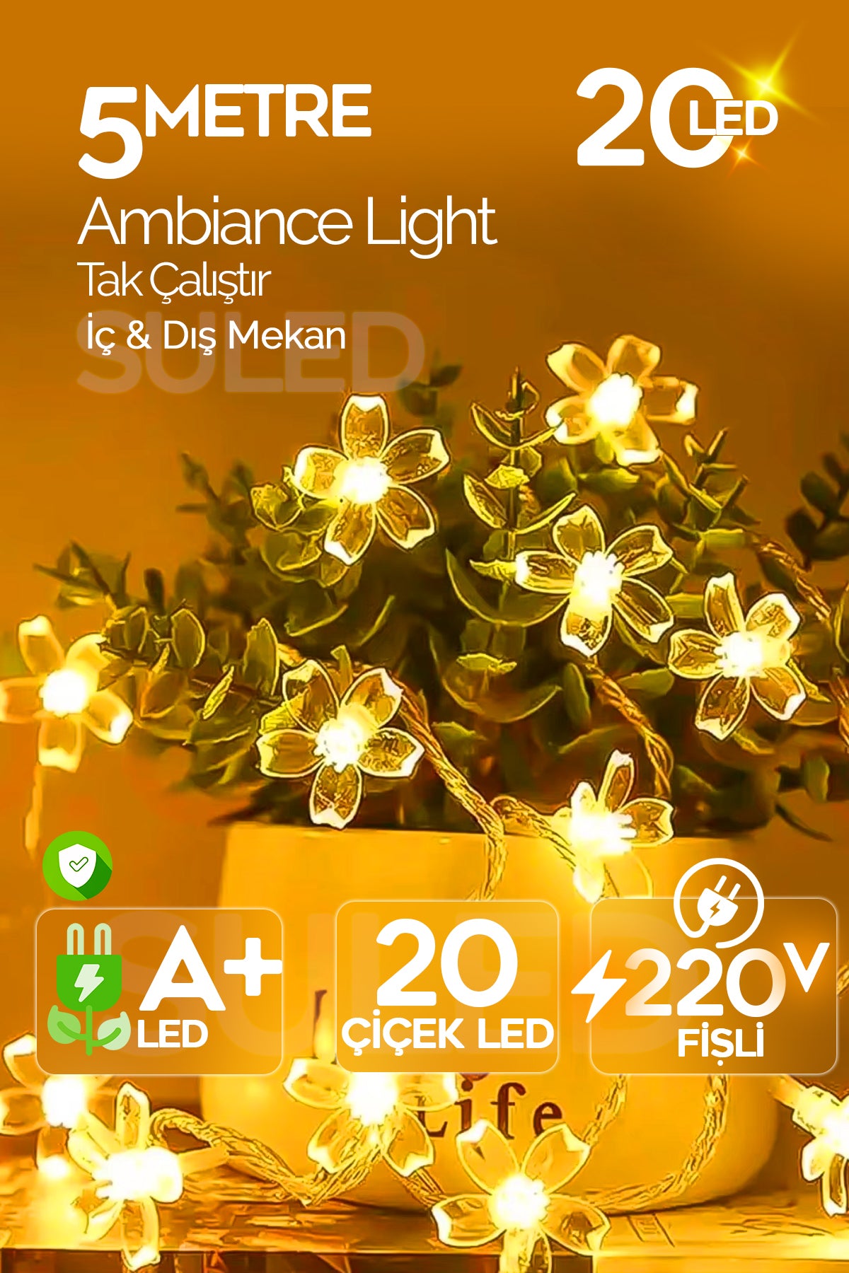 Dekoratif Çiçekler 5MT Led Işık Sarı İç ve Dış Mekan 220V 20 Çiçek Led Parti Süsleme Dekor