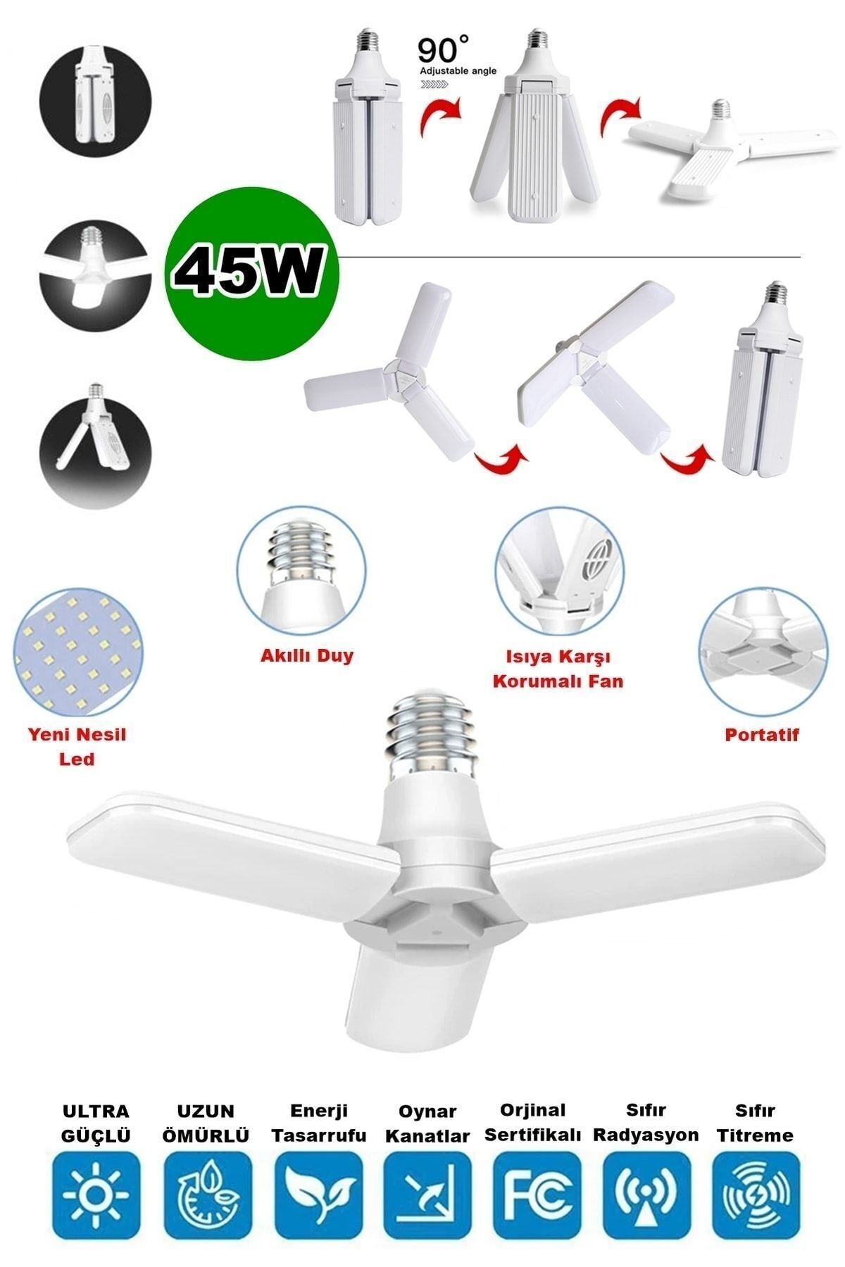 Sl-1019 Pervane Ampül 40-45 W 3 Kollu Katlanır Pervane Led Ampül Tasarruflu Kanatlı Led