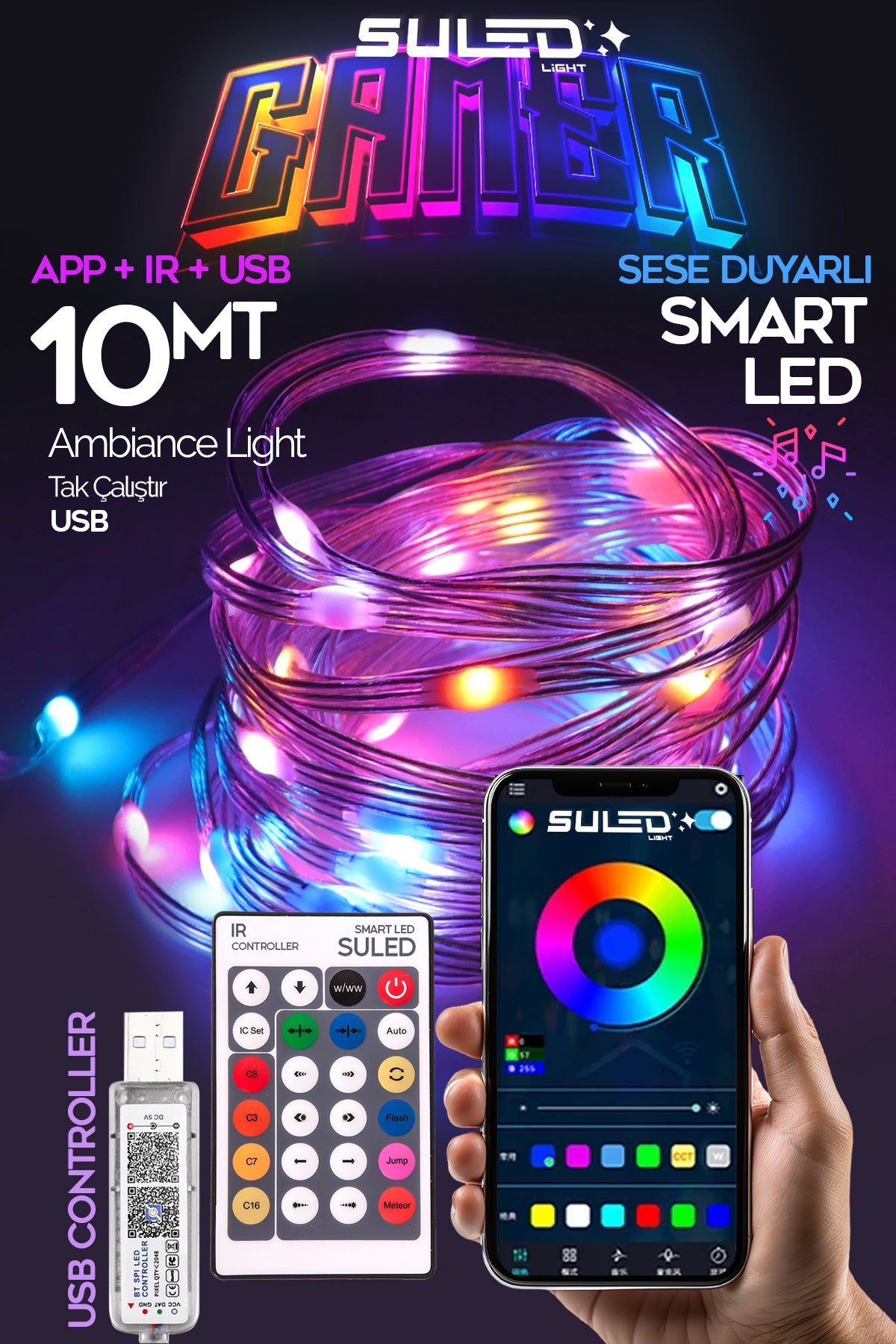 Gamer Led Aydınlatma 10 Metre RGB LED Bluetooth Uygulama ve Kumanda Kontrollü USB Sese Duyarlı