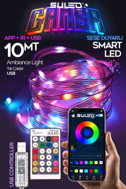Gamer Led Aydınlatma 10 Metre RGB LED Bluetooth Uygulama ve Kumanda Kontrollü USB Sese Duyarlı