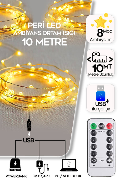 Sl-1058 Peri Led 10 Metre Dekoratif Ortam Süsleme Işığı Kumandalı Usb Ile Çalışır Ambiyans Dekor Led