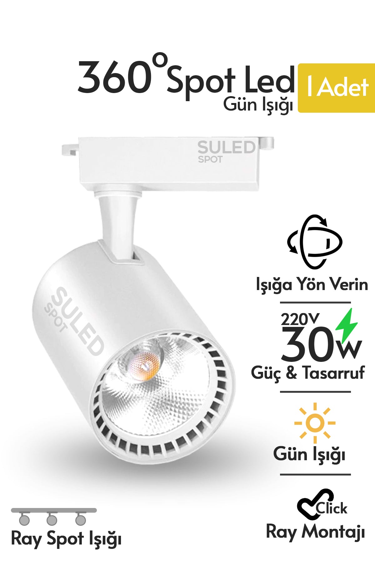 Ray Spot Işık Beyaz Kasa - Gün Işığı 360/90 Dönebilen 30W Ray Spotu Led Işık Pro 220V