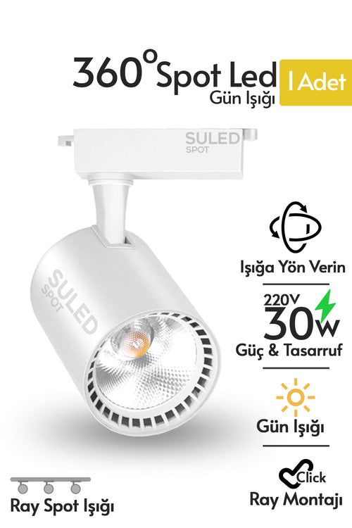 Ray Spot Işık Beyaz Kasa - Gün Işığı 360/90 Dönebilen 30W Ray Spotu Led Işık Pro 220V