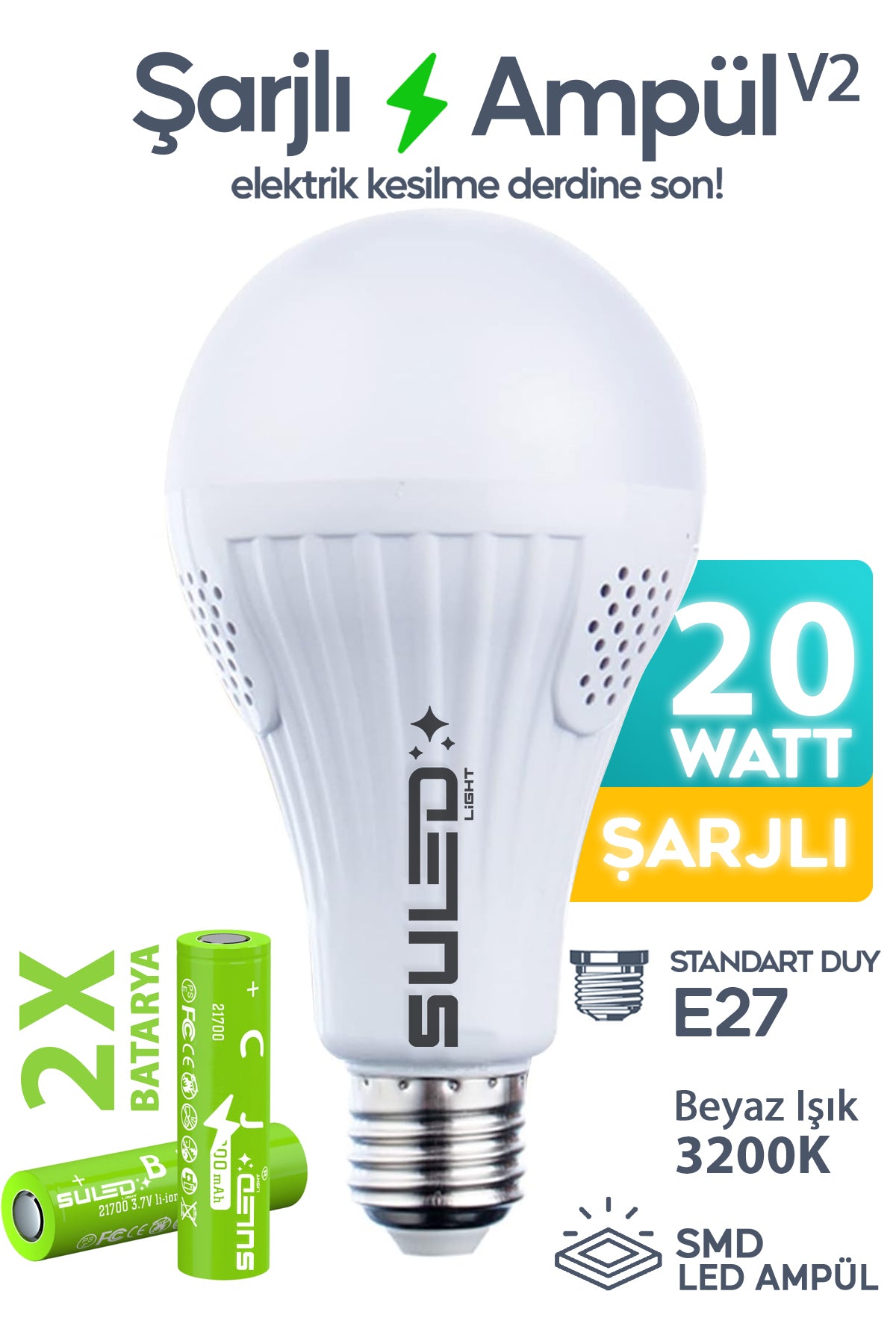 Şarjlı Ampül 20W Acil Durum & Kamp Işığı 2X Bataryalı 220V Beyaz Işık E27 Duy Otomatik