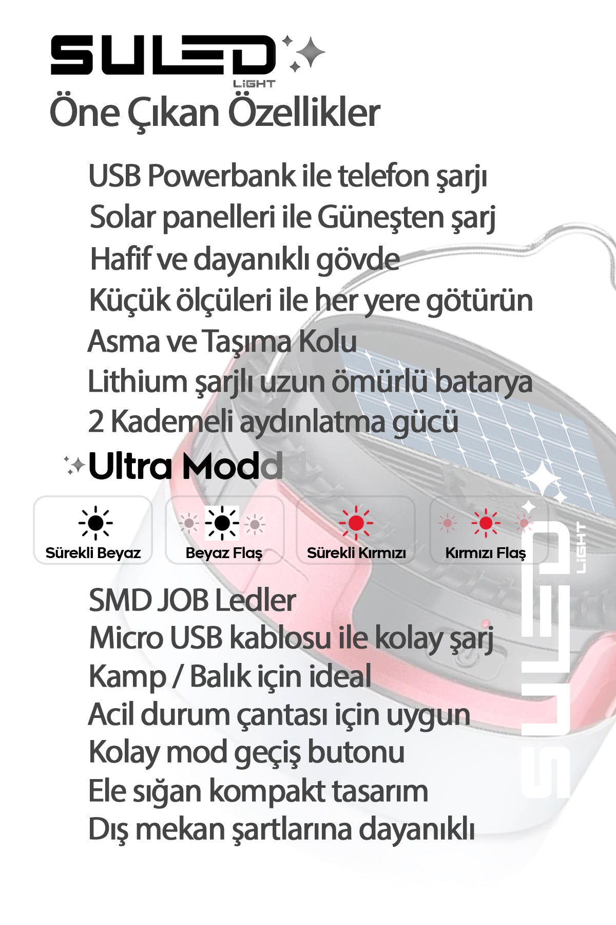 Mini Pro Kamp Lambası ve Fener USB Power Bank Özellikli Solar Panel 4 Mod Flaşlı