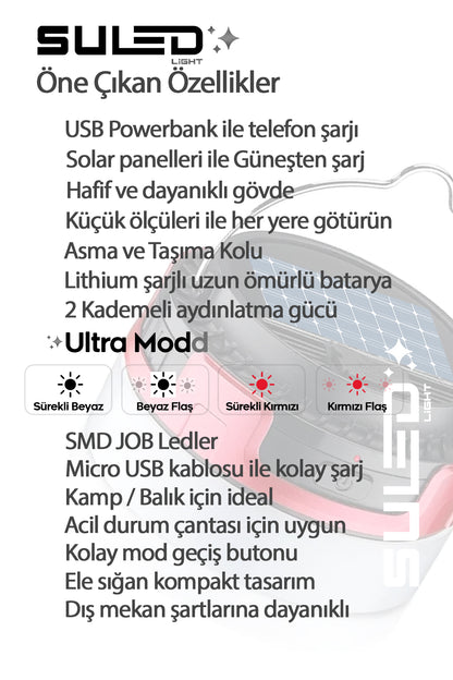 Mini Pro Kamp Lambası ve Fener USB Power Bank Özellikli Solar Panel 4 Mod Flaşlı