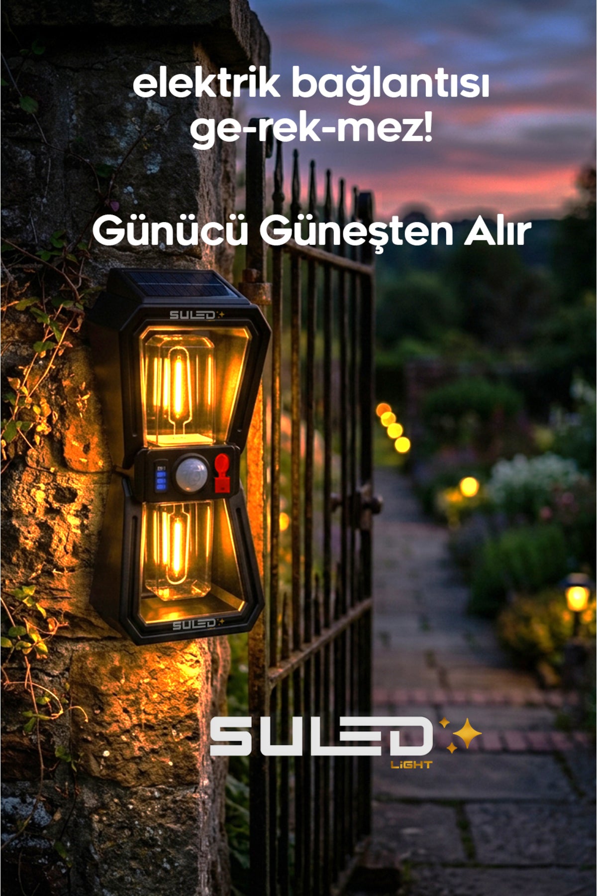 Sensörlü 2 Led Solar Panelli Pilli Otomatik Bahçe Aydınlatması Duvar Led Işık