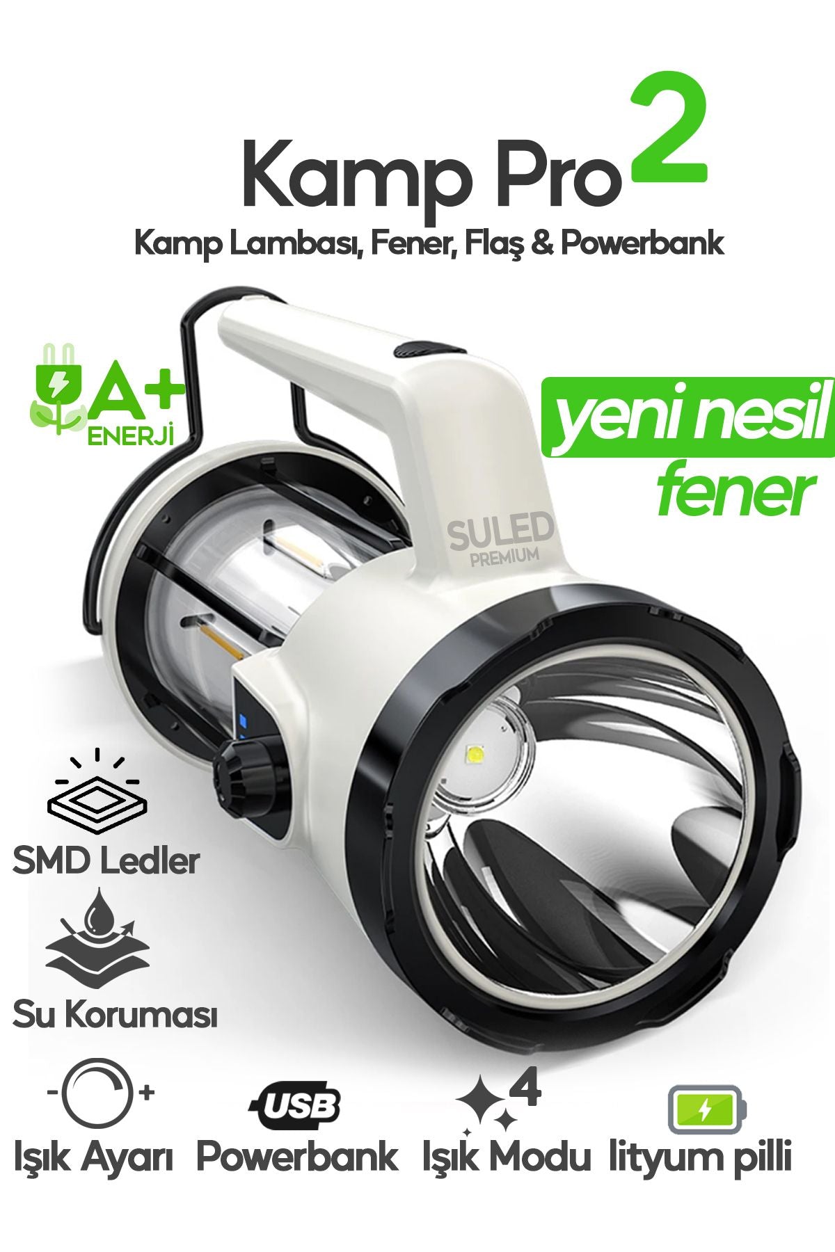 Kamp Pro2 Profesyonel Kamp Lambası ve El Fener Şarjlı USB Powerbank Özellikli