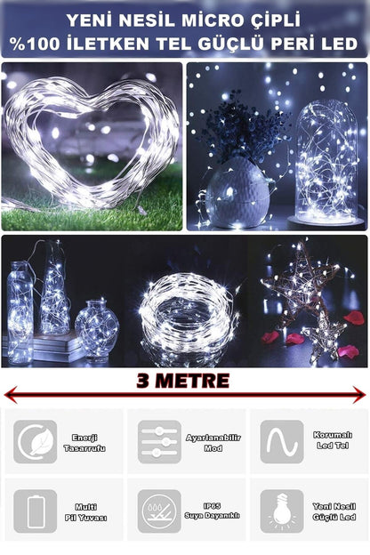 Sl-1036 - 3 Metre Beyaz Peri Led, Dekor Işık Beyaz Dekoratif Lamba Yılbaşı Çam Ağacı Ev Süslemeli