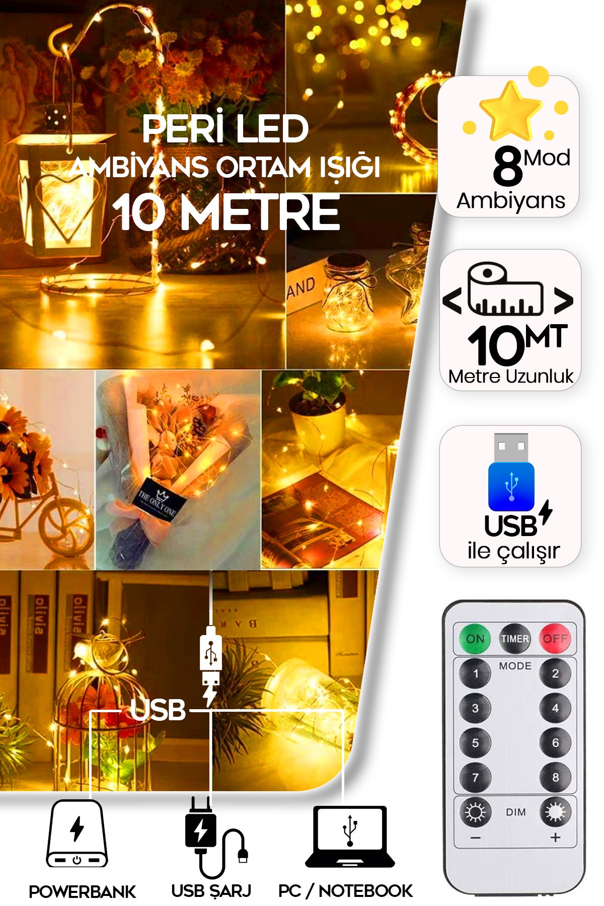 Sl-1049 Peri Led 10 Metre Dekoratif Ortam Aydınlatma Kumandalı Usb'li Parti Süsleme Dekor Led Işık