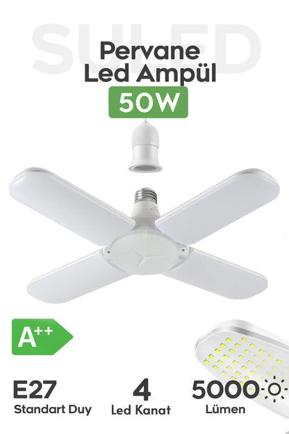 Pervane 4 Kanat Led Ampül 50W 5000 Lümen Süper Güçlü E27 Lamba A Kalite Beyaz Işık