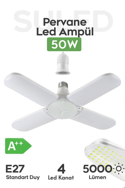 Pervane 4 Kanat Led Ampül 50W 5000 Lümen Süper Güçlü E27 Lamba A Kalite Beyaz Işık