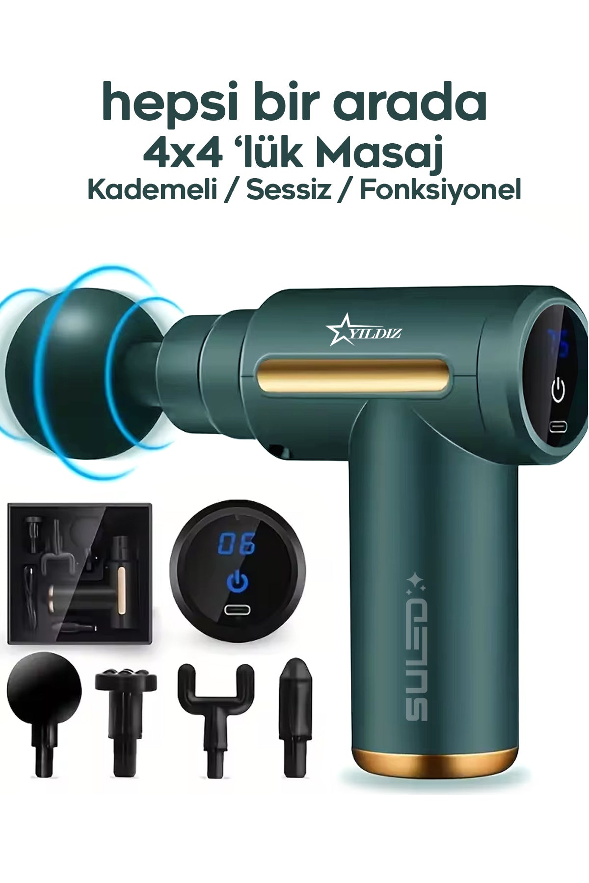 Masaj Cihazı Masaj Tabancası Masaj Pro 3 Şarjlı 4 Başlıklı 6 Kademeli Masaj Aleti Sessiz