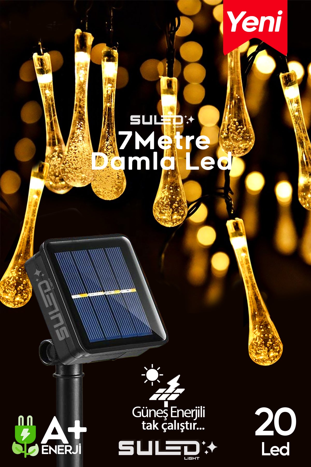 20 Damla Ledli Solar 7 Metre Bahçe Aydınlatması Modlu Led Işık Gün Işığı Dekoratif İç & Dış Mekan