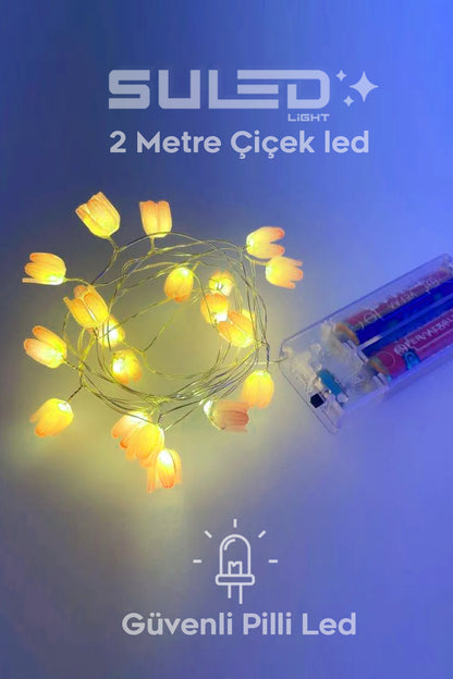 Pilli 20 LED Sarı Çiçek Dekoratif Işık 2 Metre Gün Işığı İç Mekan Süsleme Led Aydınlatma Ortam Işığı