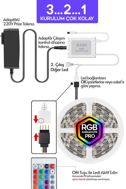 10 Metre Şerit Led 16 Mod Ambiyans Ortam Işığı Tak Çalıştır Kumandalı Trafolu Rgb Şerit Işık