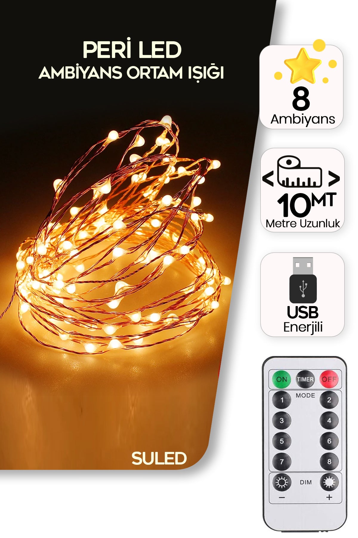 Sl-1063 Peri Led 10 Metre Kumandalı 8 Mod Romantik Ambiyans Aydınlatma Parti Süsleme Led Işık