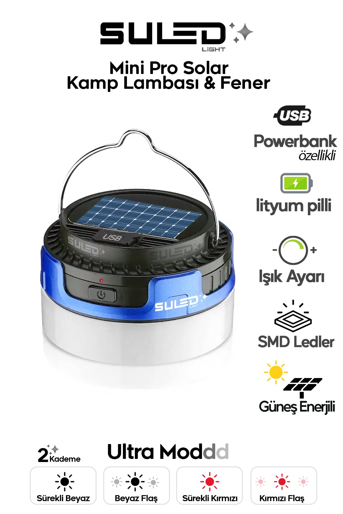 Mini Pro Kamp Lambası ve Fener USB Power Bank Özellikli Solar Panel 4 Mod Flaşlı