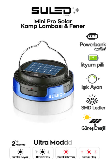 Mini Pro Kamp Lambası ve Fener USB Power Bank Özellikli Solar Panel 4 Mod Flaşlı