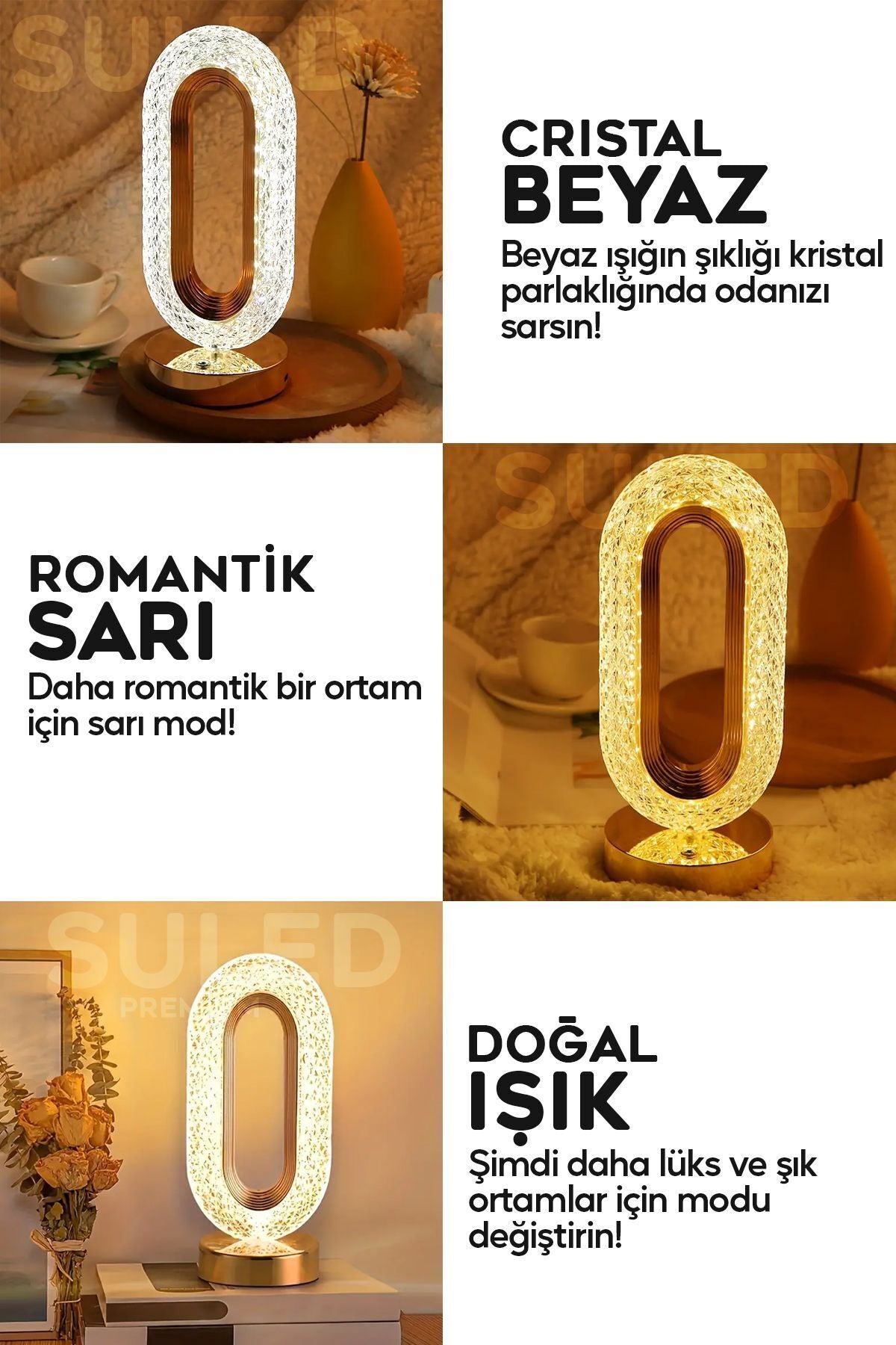 Crystall Akustik Masa Lambası 3 Modlu USB Şarjlı Oval Dekoratif Şık Masa Lambası Kristal Efekt