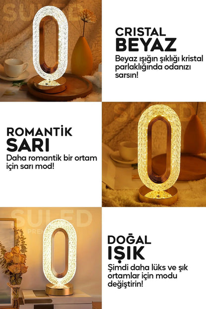 Crystall Akustik Masa Lambası 3 Modlu USB Şarjlı Oval Dekoratif Şık Masa Lambası Kristal Efekt
