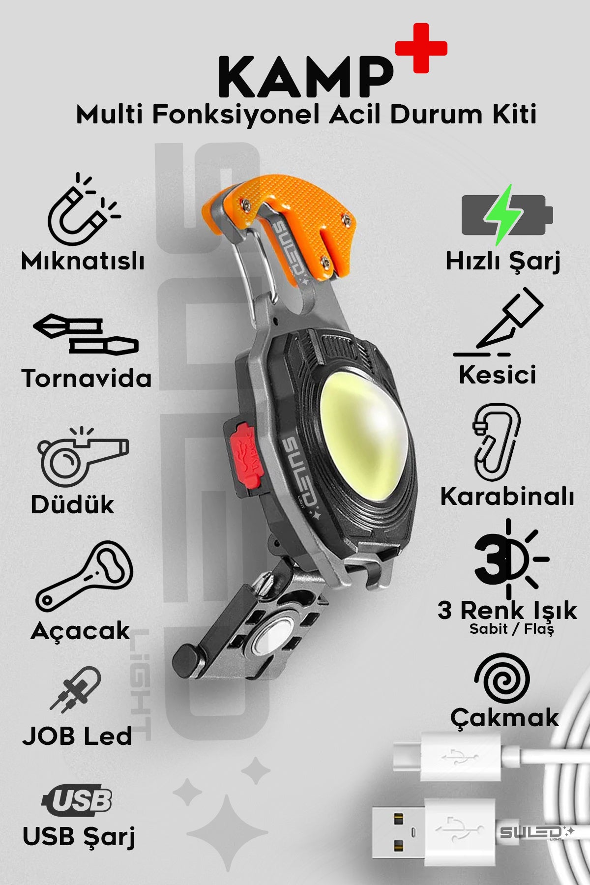 KAMP Plus Multi Fonksiyonel Fener Çok Amaçlı Şarjlı Led Işık - Acil Durum Kit