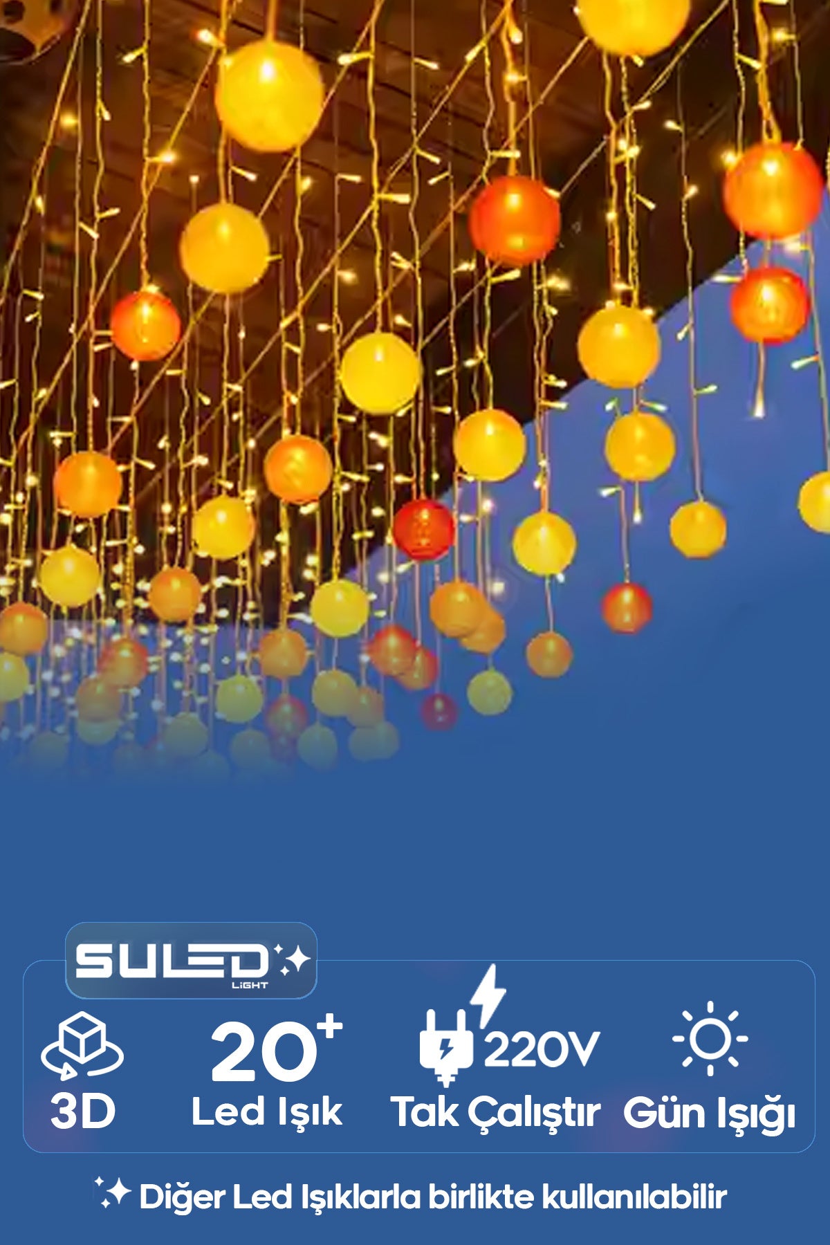 3 Metre Top Led Işık Sarkıtlar 220V 20 Led Gün Işığı 3D Fişli Ambiyans Süsleme Işığı