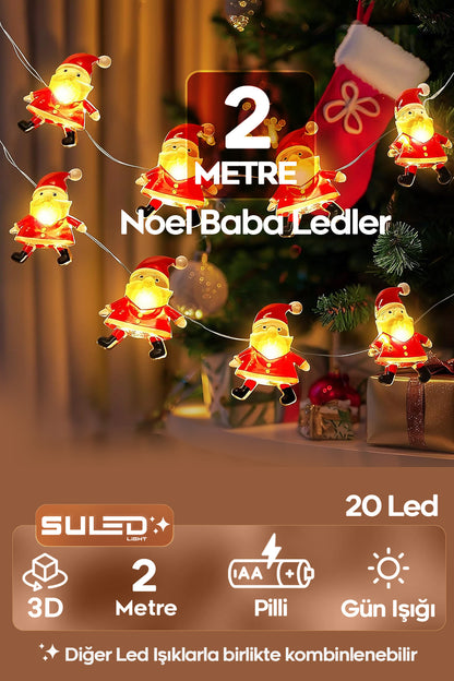 Noel Baba Figürlü Ledler 2 Metre Pilli Süsleme Ledi 20 Led 3D Oda Ağaç Dekoratif Süsleme Ledi