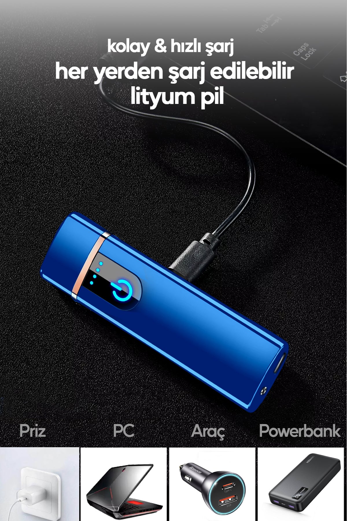 Şarjlı Çakmak USB Şarjlı Pro Serisi Mavi Kamp Çakmağı Rüzgardan Etkilenmez
