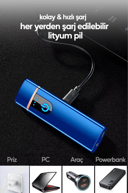 Şarjlı Çakmak USB Şarjlı Pro Serisi Mavi Kamp Çakmağı Rüzgardan Etkilenmez