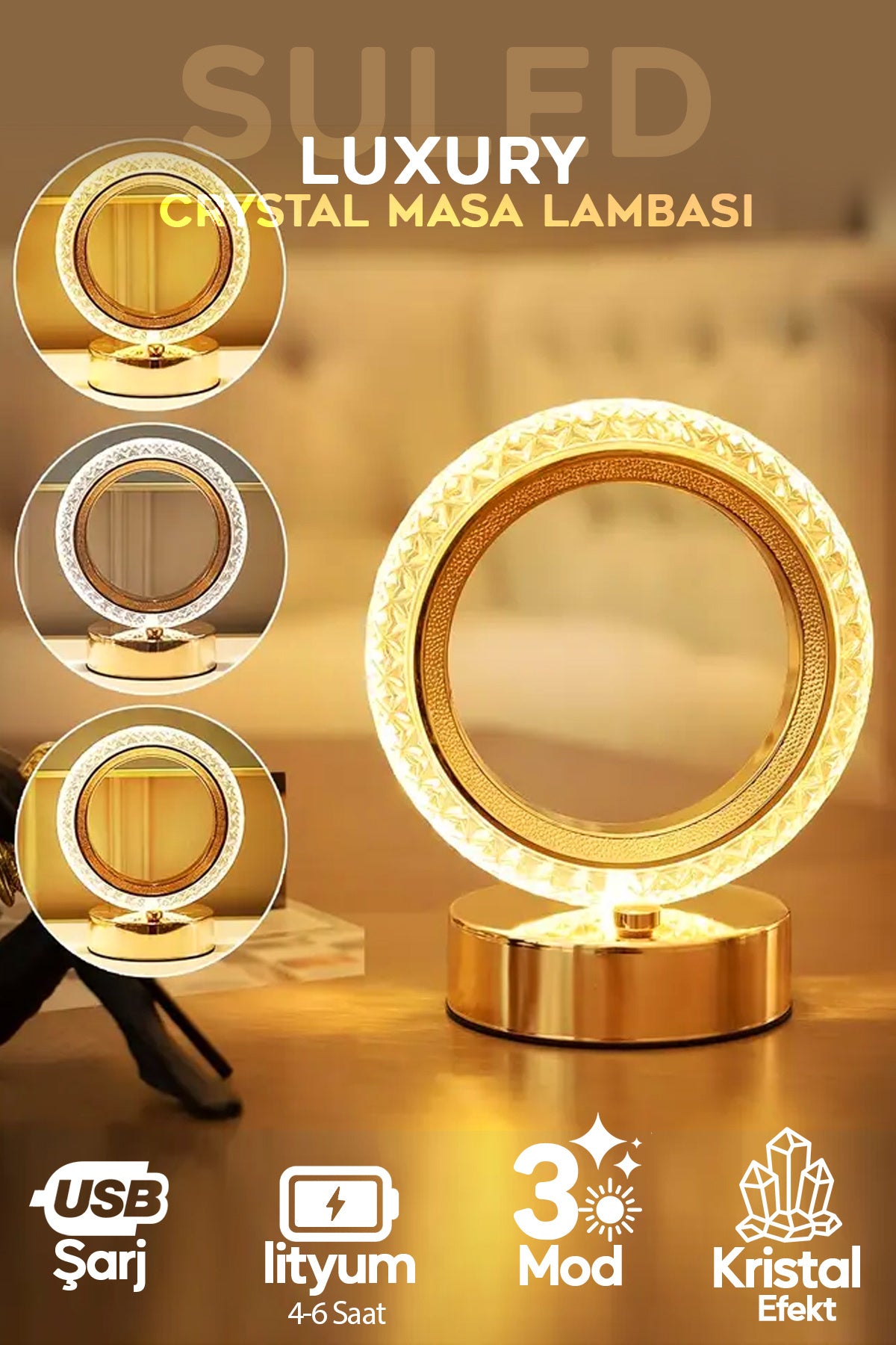 Crystall Akustik Masa Lambası 3 Modlu USB Şarjlı Oval Dekoratif Şık Masa Lambası Kristal Efekt