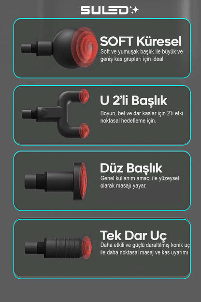 Masaj Cihazı Masaj Tabancası Masaj Pro 3 Şarjlı 4 Başlıklı 6 Kademeli Masaj Aleti Sessiz
