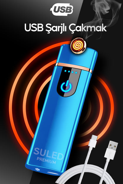 Şarjlı Çakmak USB Şarjlı Pro Serisi Mavi Kamp Çakmağı Rüzgardan Etkilenmez