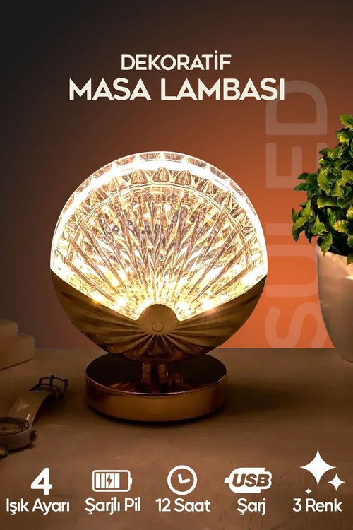 Kristal Efektli USB Şarjlı Masa Lambası 4 Modlu 3000-7000K Işık Ayarlı Ambiyans Gece Lambası 12 Saat