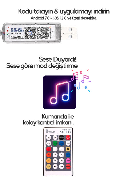 Gamer Led Aydınlatma 5 Metre RGB LED Bluetooth Uygulama ve Kumanda Kontrollü USB Sese Duyarlı