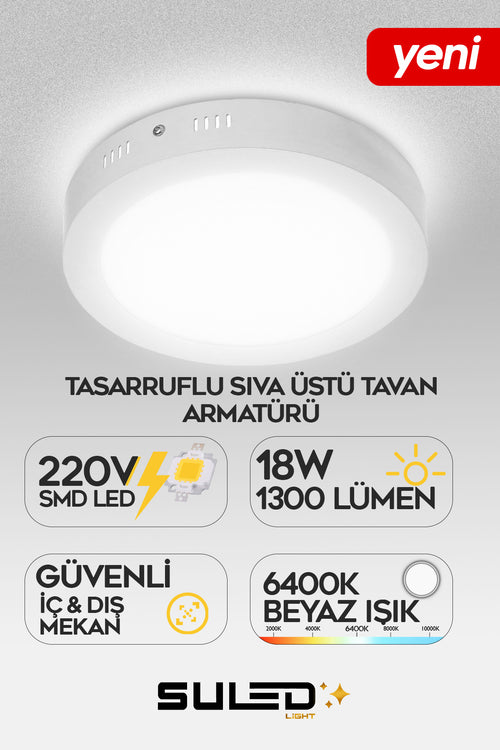 18 Watt Beyaz Işık Yuvarlak Model Sıva Üstü Armatür Panel