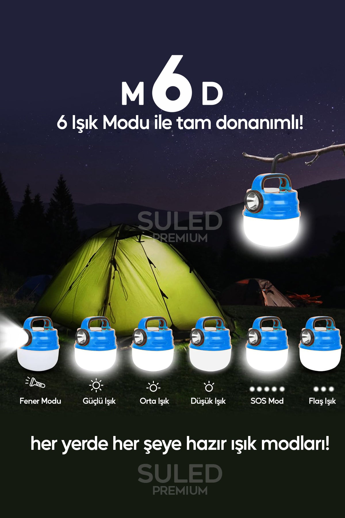 6 Modlu El Feneri ve Kamp Lambası USB & Solar Şarjlı SMD Led Askılı Taşınabilir Işık