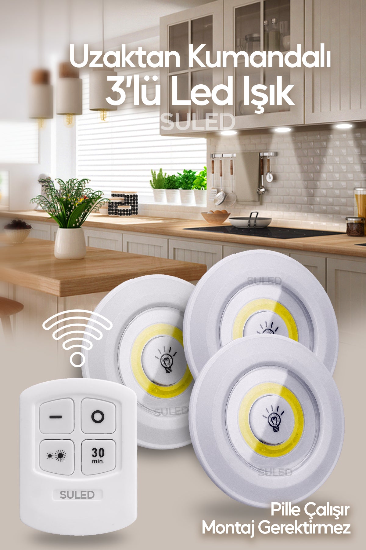 Pilli Uzaktan Kumandalı Montajsız Yapışkanlı 3'lü Spot Led Işık Lamba Raf Niş Dolap Mutfak Işığı